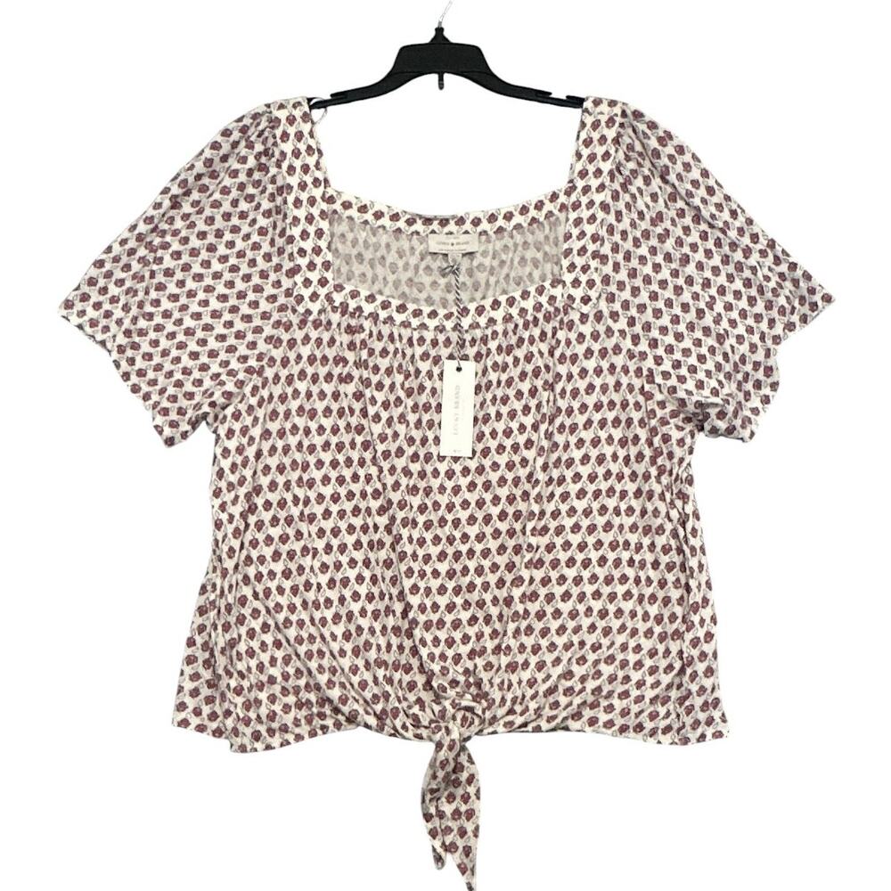 Lucky Brand Tie Front Top NWT 2X Cream Burgundy Floral Square Neck Boho